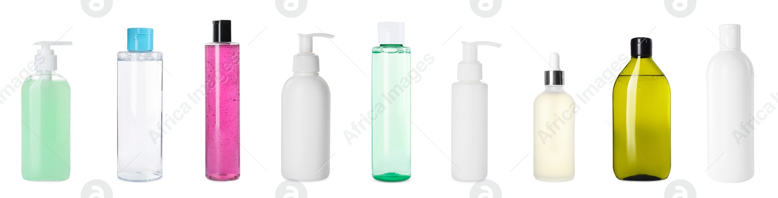 Image of Set of different face cleansers or other cosmetic products isolated on white