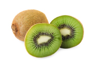 Cut and whole fresh kiwis on white background