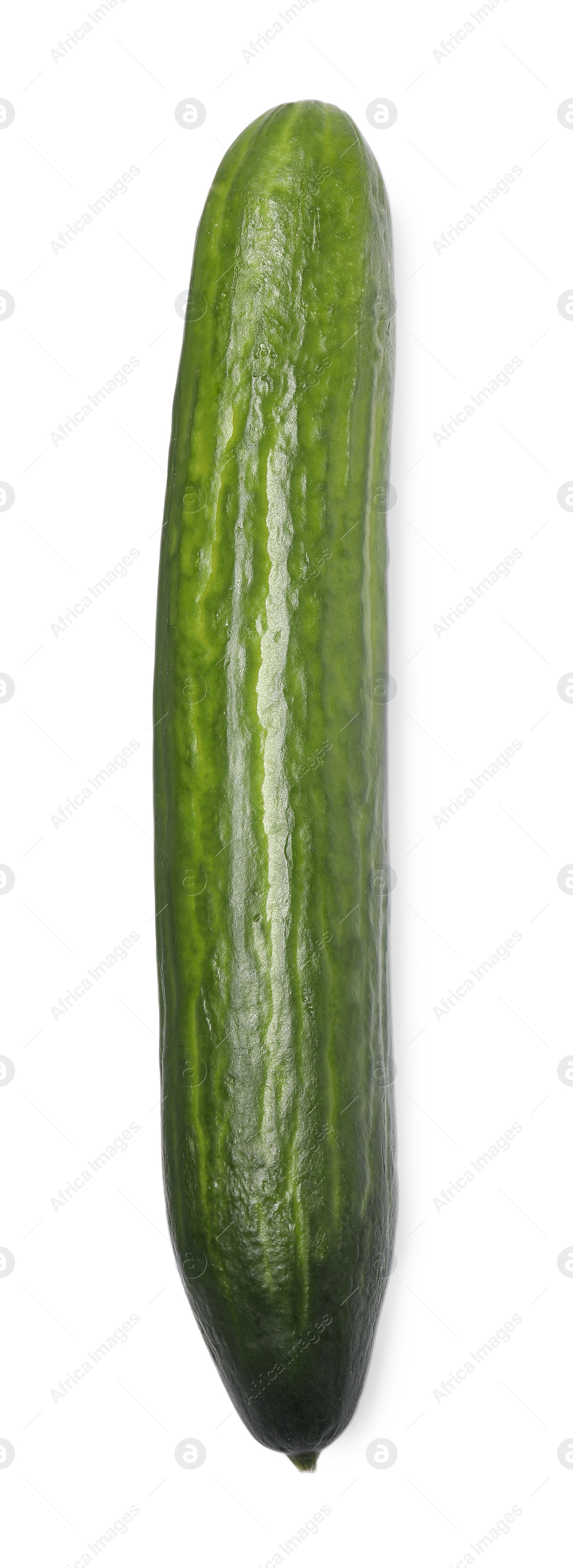 Photo of One fresh cucumber isolated on white, top view