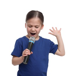 Photo of Cute little girl with microphone singing on white background