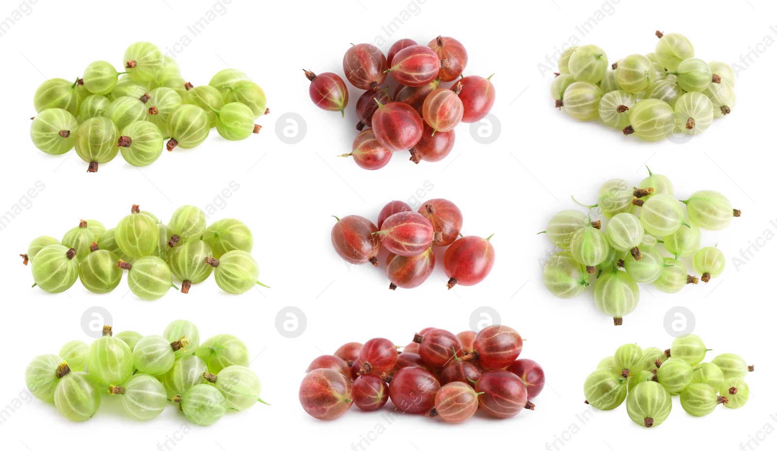 Image of Set with fresh ripe gooseberries on white background