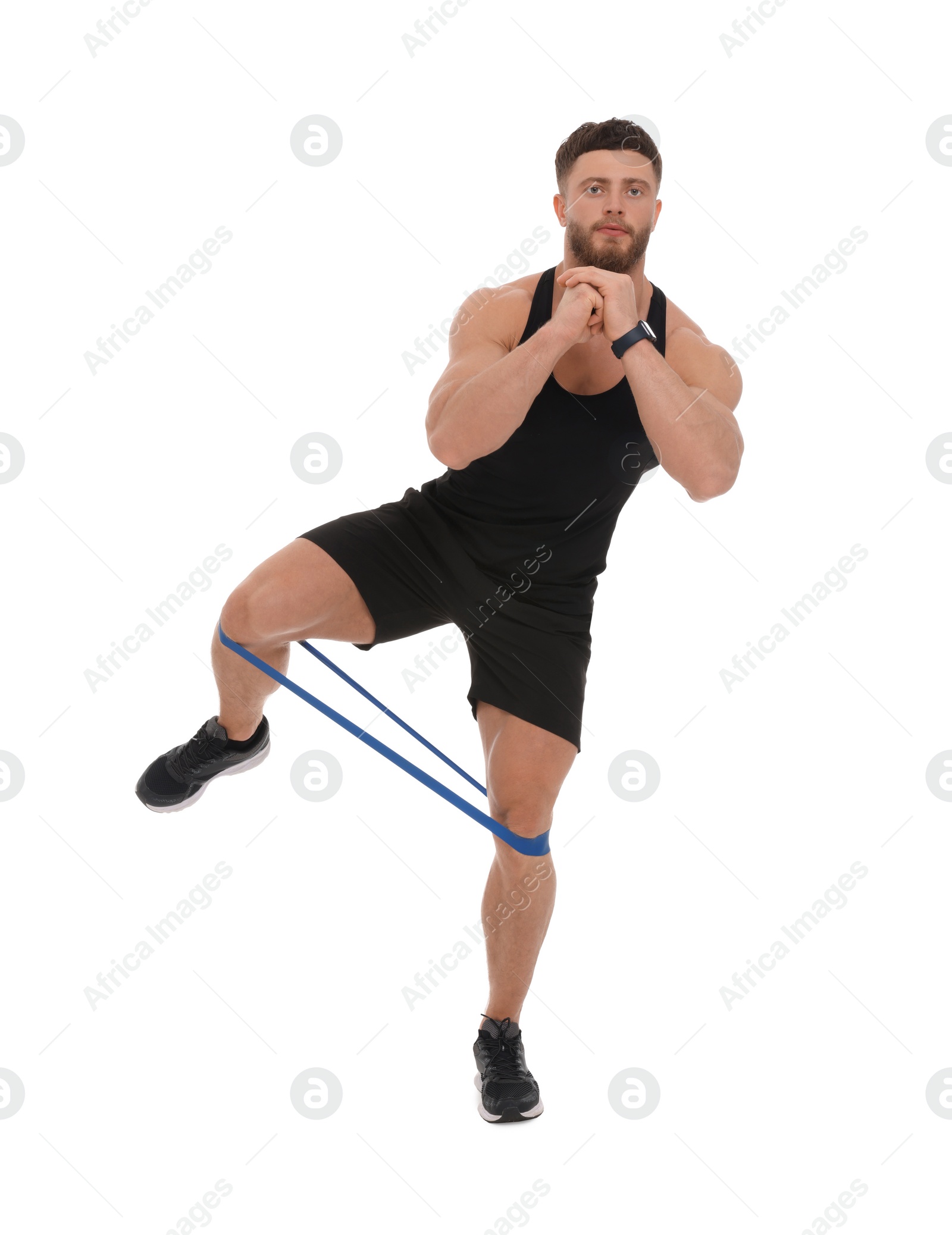 Photo of Young man exercising with elastic resistance band on white background