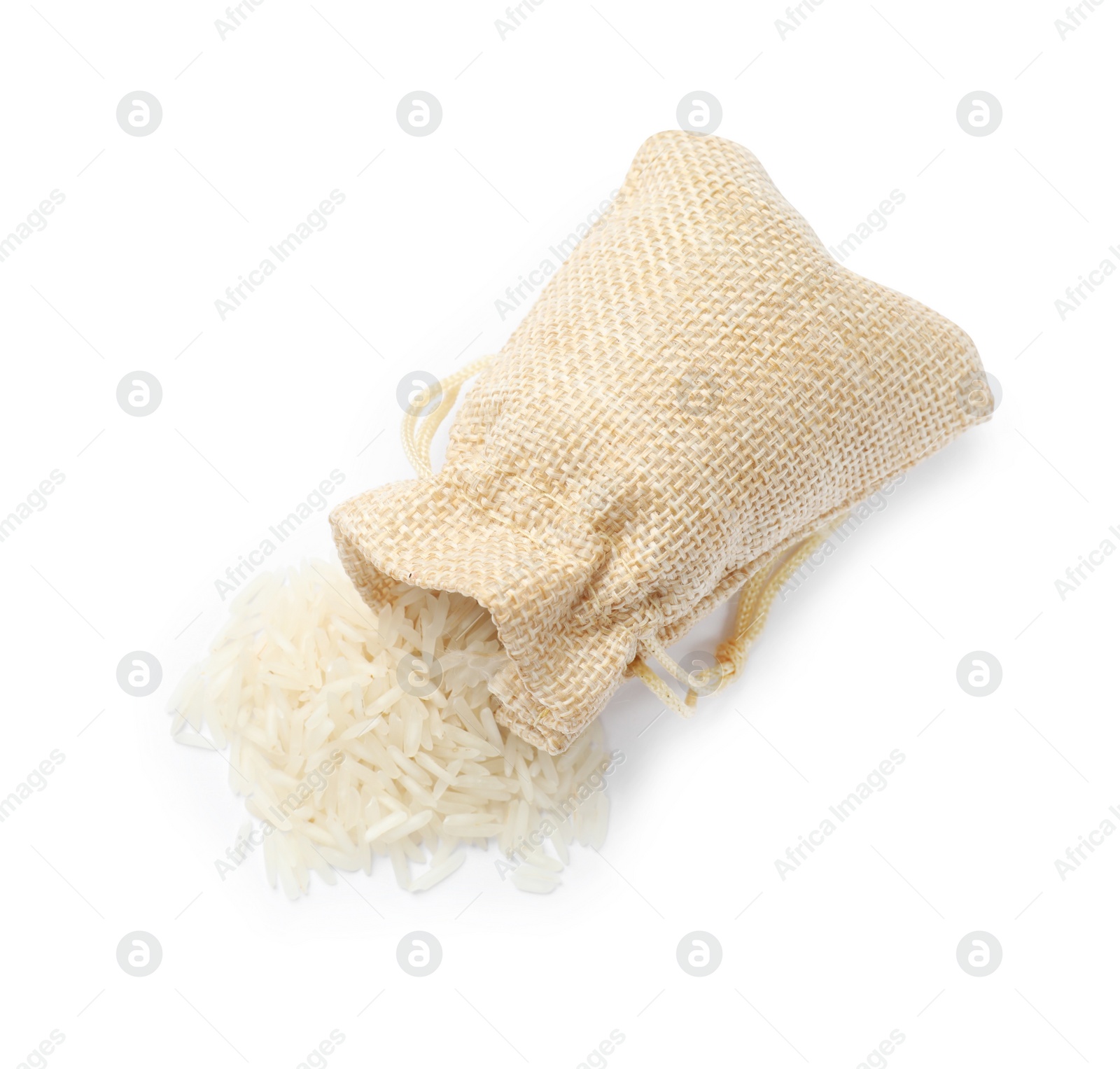 Photo of Raw basmati rice and overturned sack isolated on white, top view