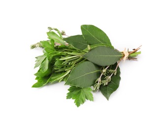 Bundle of aromatic bay leaves and different herbs isolated on white