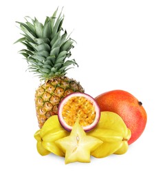 Image of Many different fresh fruits on white background