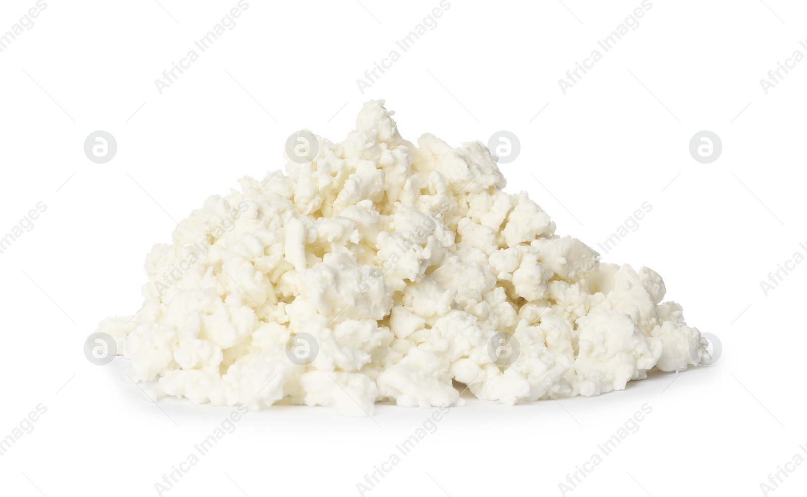 Photo of Pile of delicious fresh cottage cheese on white background