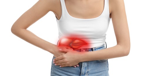 Image of Woman suffering from liver pain on white background, closeup