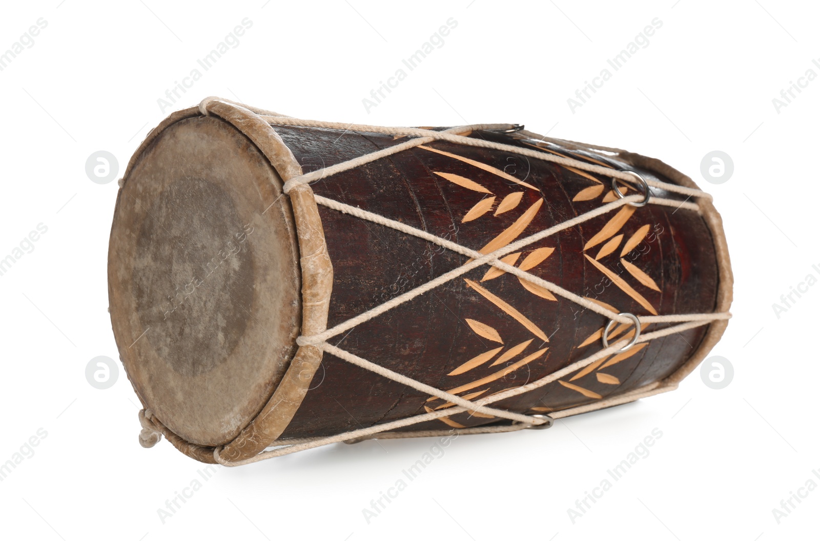 Photo of Vintage hand drum isolated on white. Percussion musical instrument