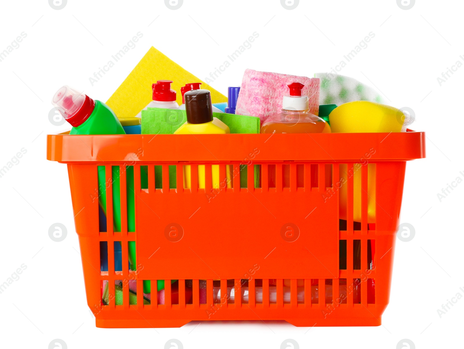 Photo of Shopping basket full of detergents on white background