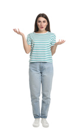 Full length portrait of emotional young woman on white background