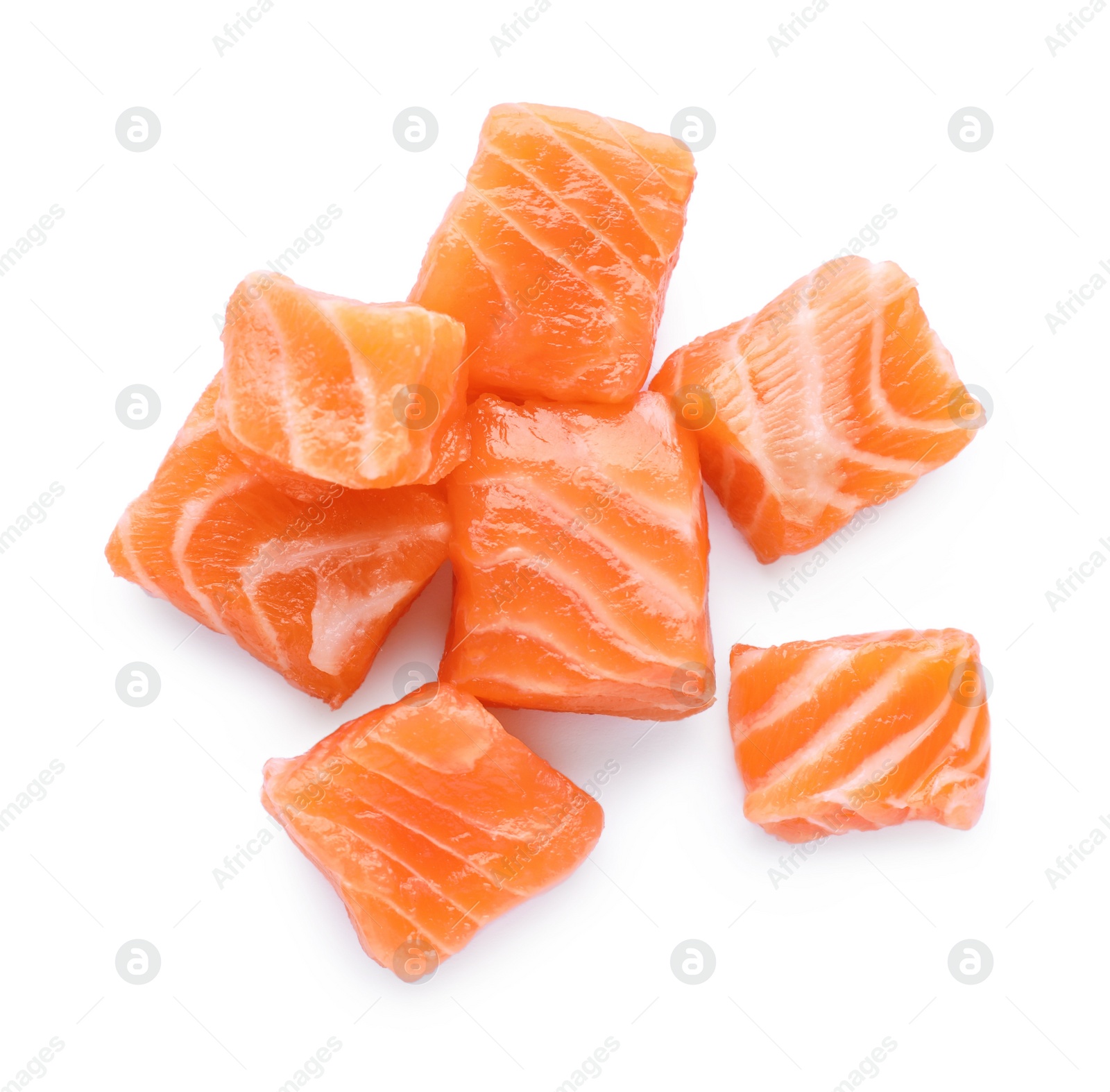 Photo of Pieces of fresh raw salmon on white background, top view