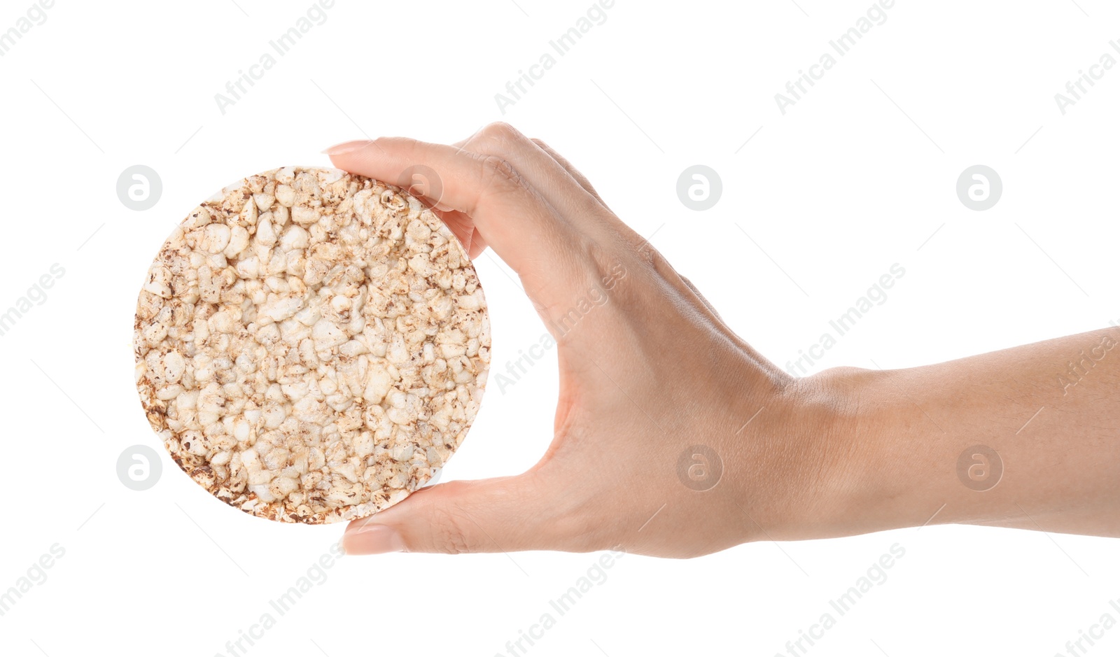 Photo of Woman holding crunchy crispbread isolated on white, closeup