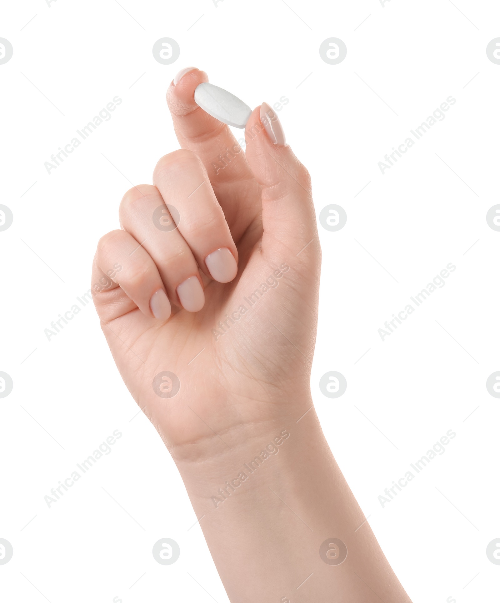 Photo of Woman holding vitamin pill on white background, closeup. Health supplement