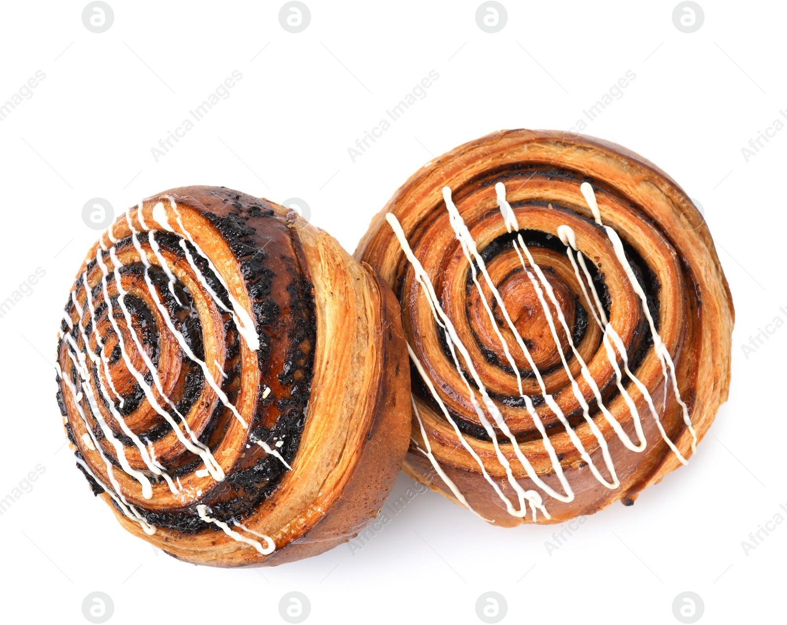Photo of Delicious rolls with topping and poppy seeds isolated on white, top view. Sweet buns