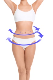 Image of Metabolism concept. Young woman with perfect body on white background