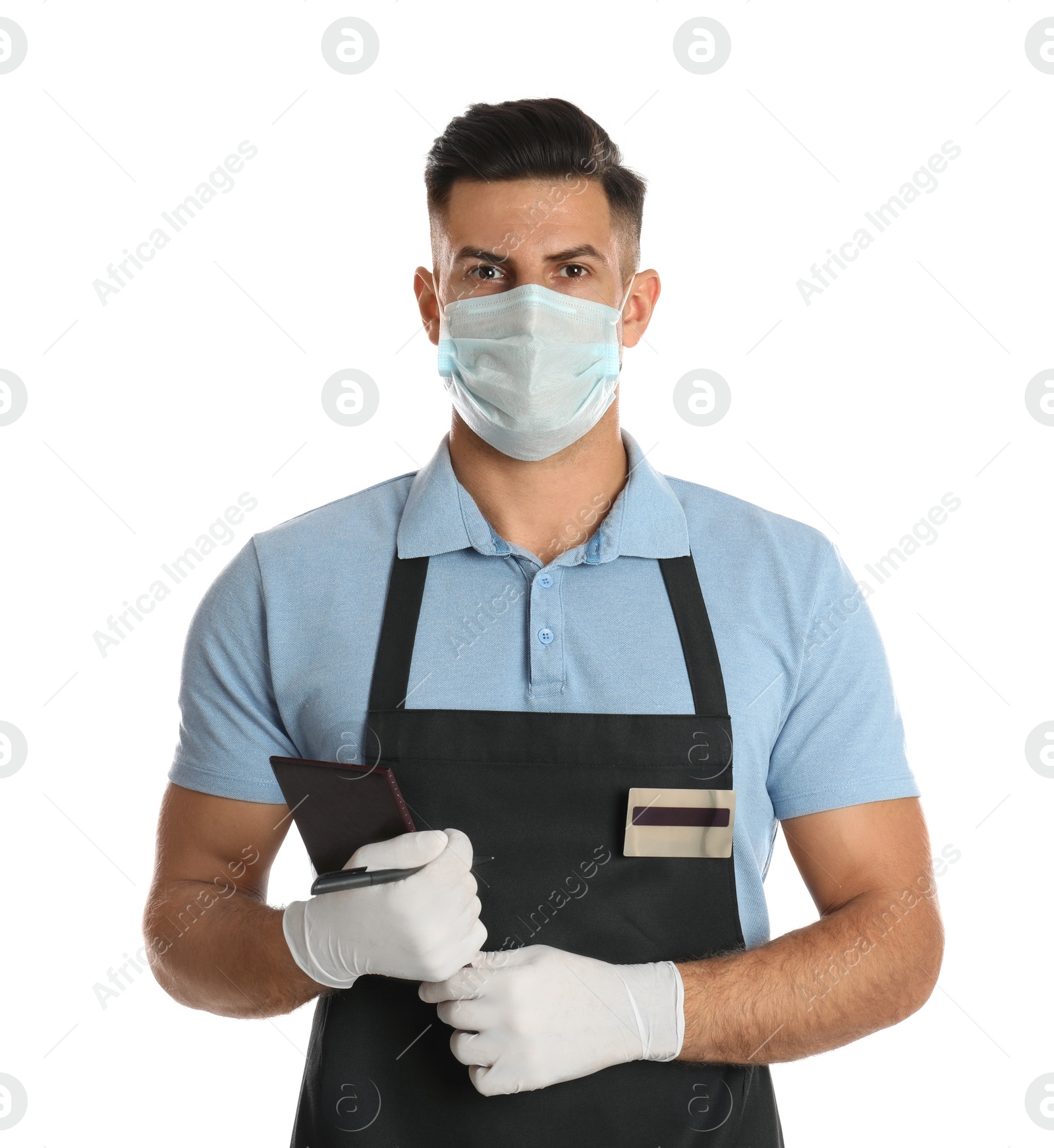 Photo of Waiter in medical mask with notepad on white background