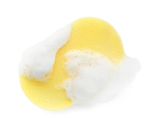 Photo of Yellow sponge with foam isolated on white, top view