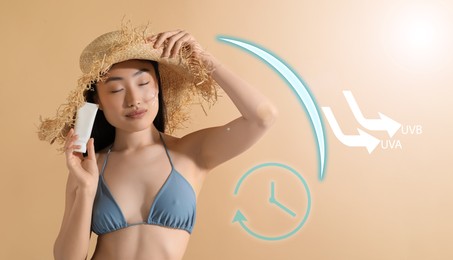 Image of Sun protection product as barrier against UVA and UVB, banner design. Beautiful young woman with sunscreen against beige background