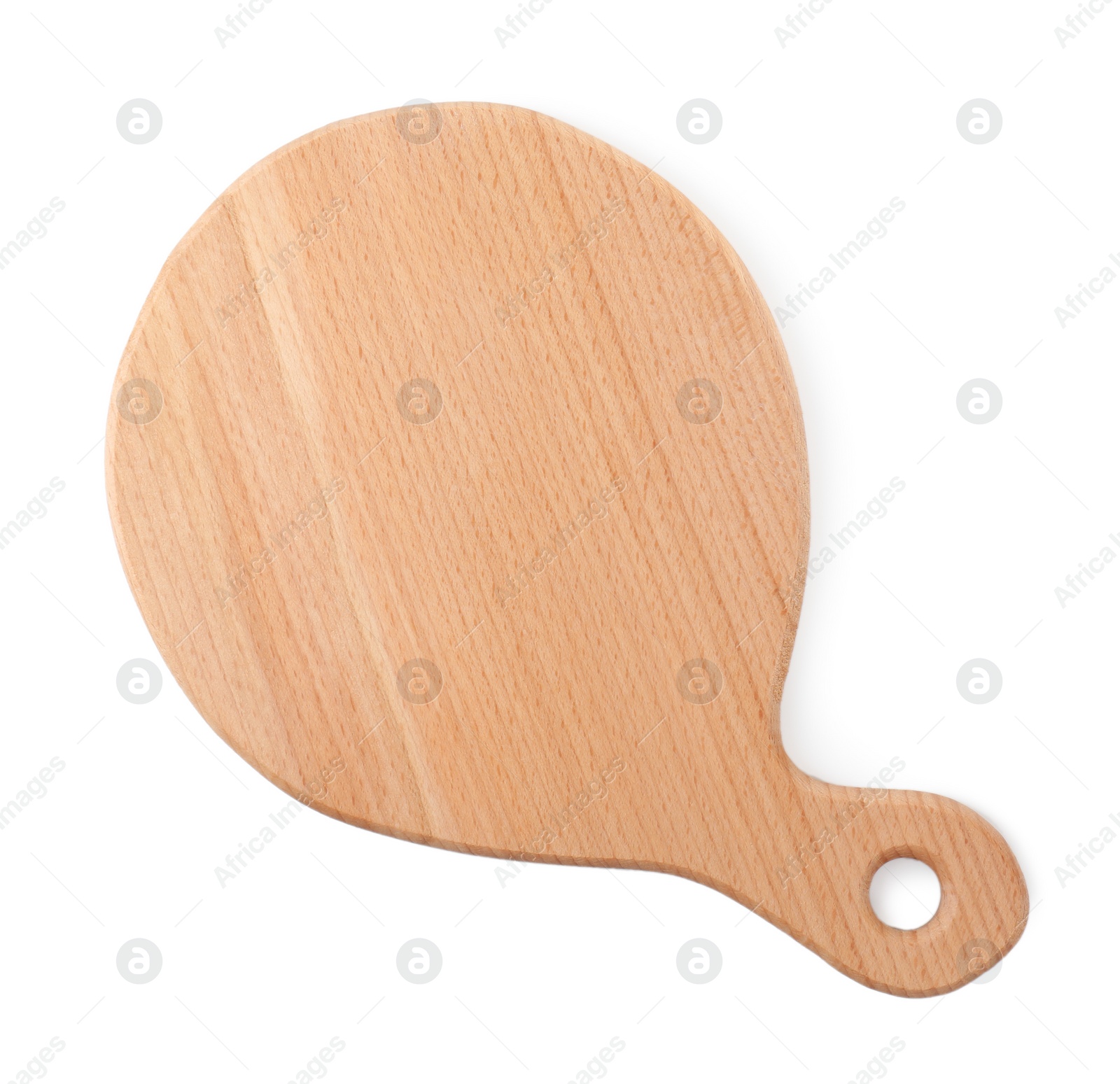 Photo of New wooden cutting board isolated on white, top view