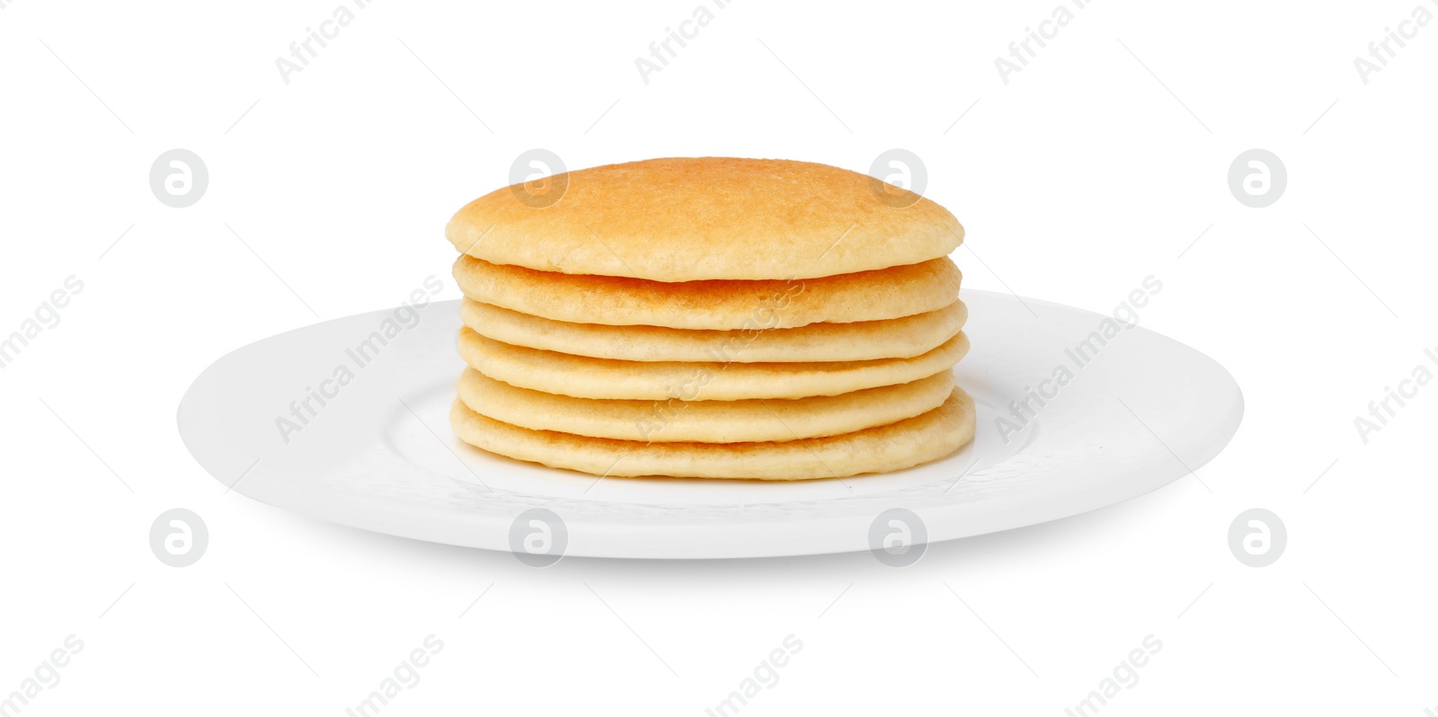 Photo of Plate with stack of tasty pancakes isolated on white