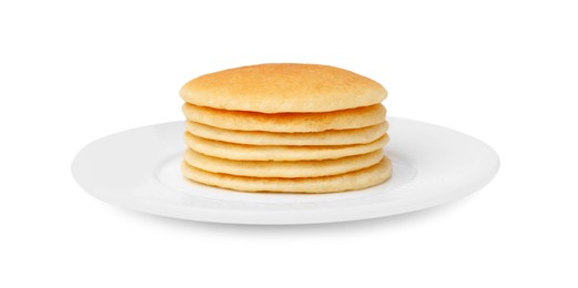 Photo of Plate with stack of tasty pancakes isolated on white