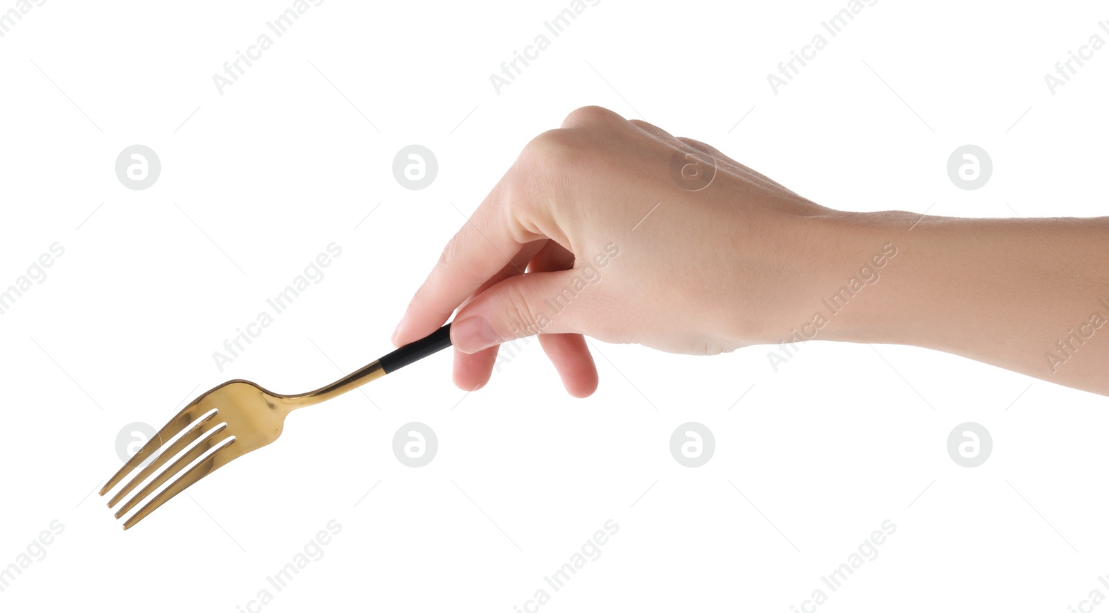 Photo of Woman with shiny golden fork on white background, closeup