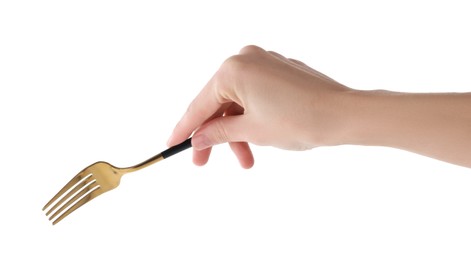 Woman with shiny golden fork on white background, closeup