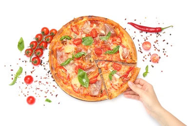 Photo of Woman taking slice of delicious pizza with tomatoes and meat on white background