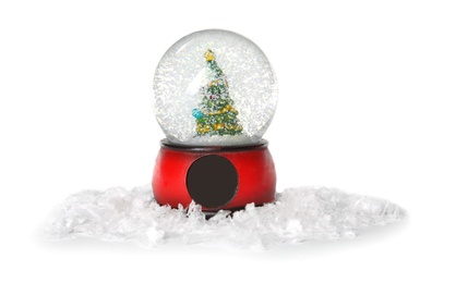 Photo of Snow globe with Christmas tree isolated on white