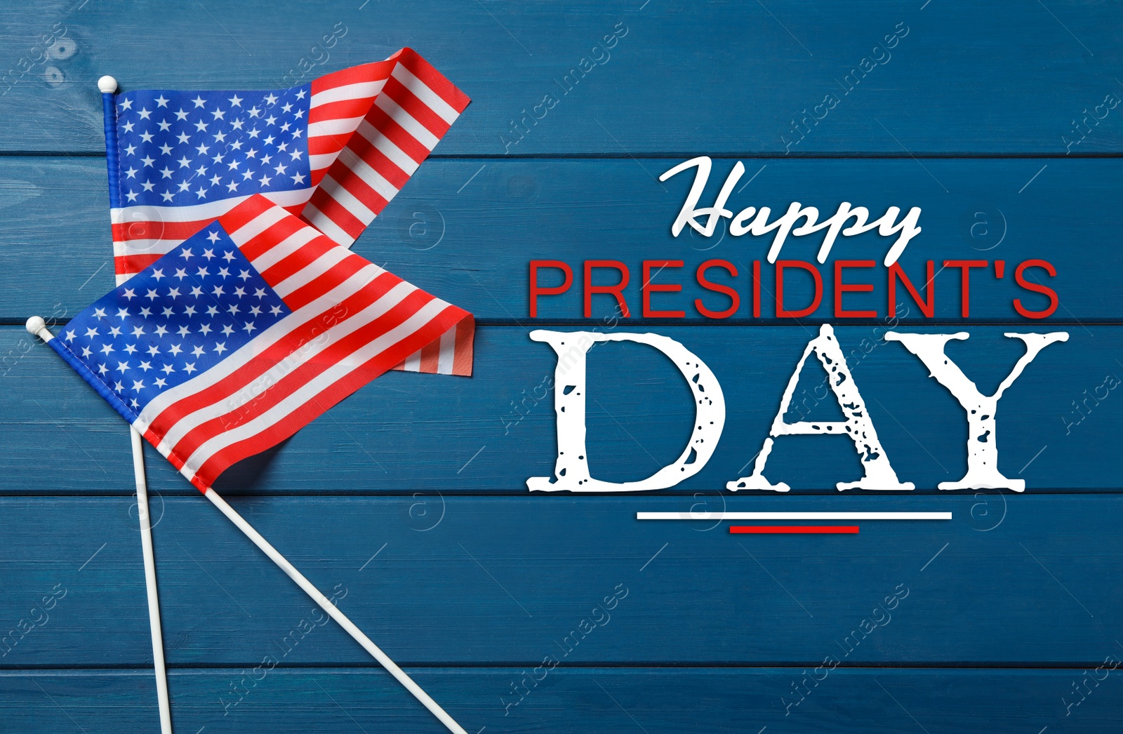 Image of Happy President's Day - federal holiday. American flags and text on blue wooden table, flat lay