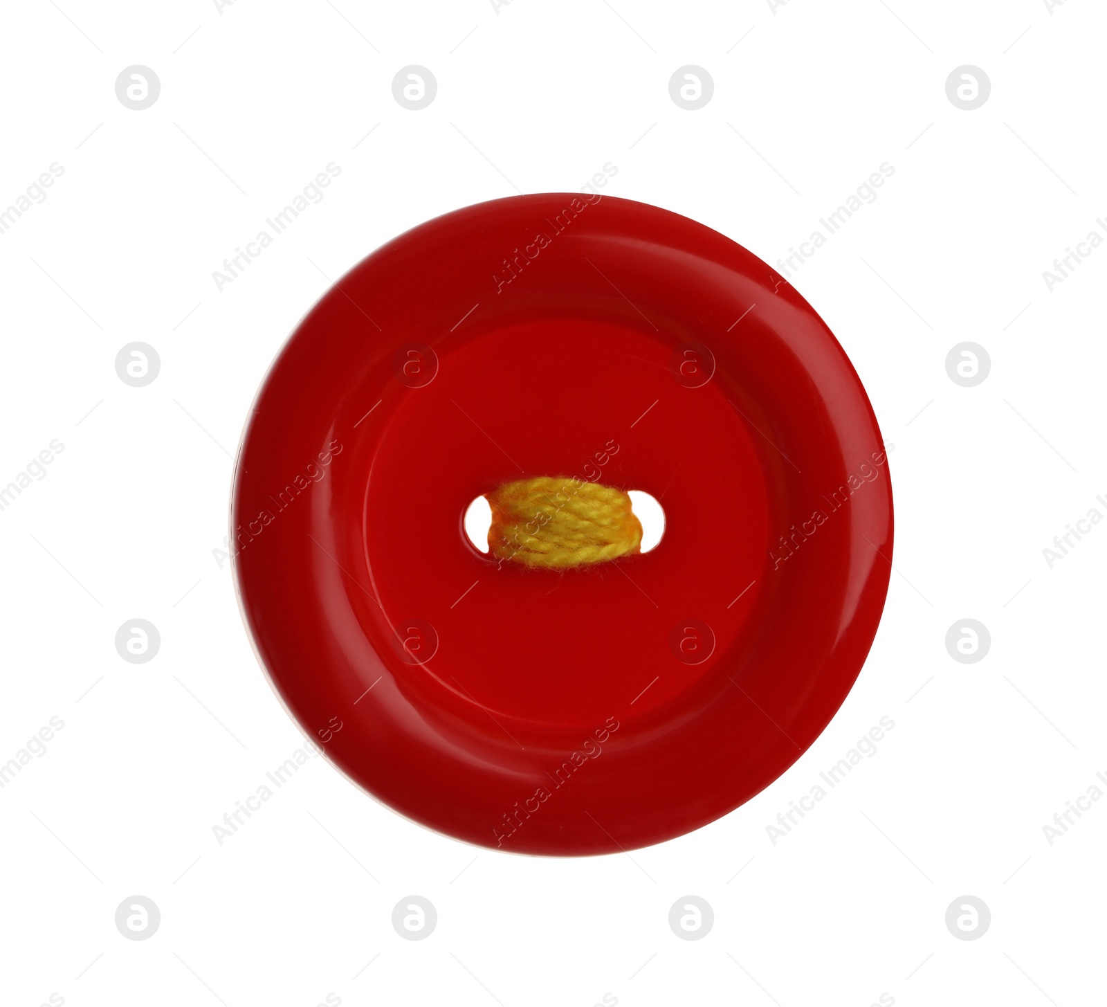 Photo of Red plastic sewing button isolated on white, top view