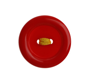 Photo of Red plastic sewing button isolated on white, top view