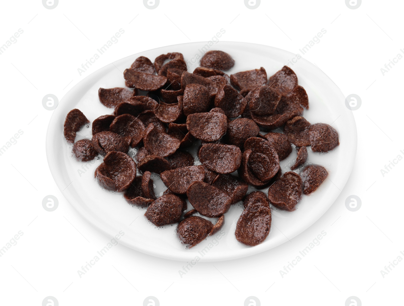 Photo of Breakfast cereal. Corn flakes and milk in bowl isolated on white