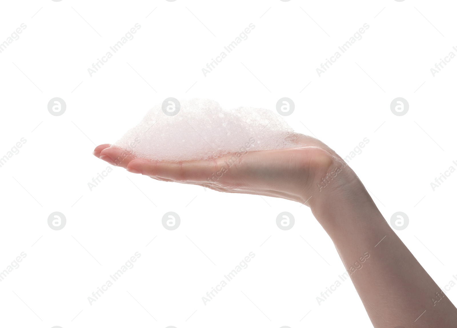 Photo of Woman with bath foam on white background, closeup