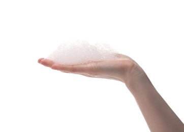 Woman with bath foam on white background, closeup