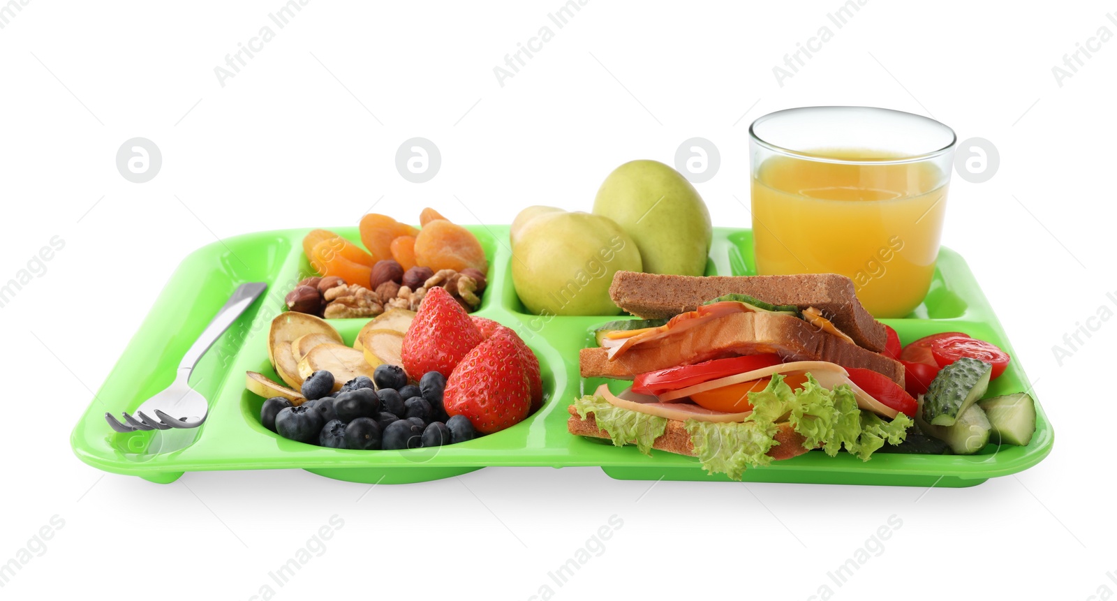 Photo of Serving tray with tasty healthy food and juice isolated on white. School dinner