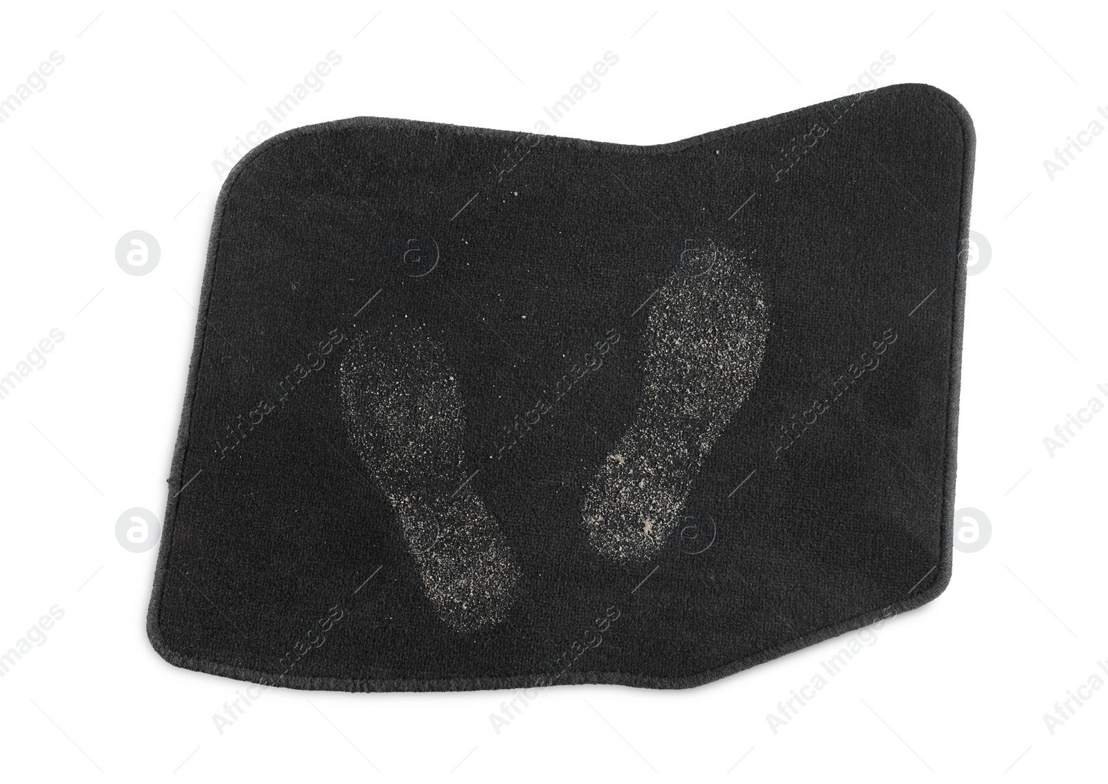 Photo of Black car floor carpet with footprints isolated on white, top view