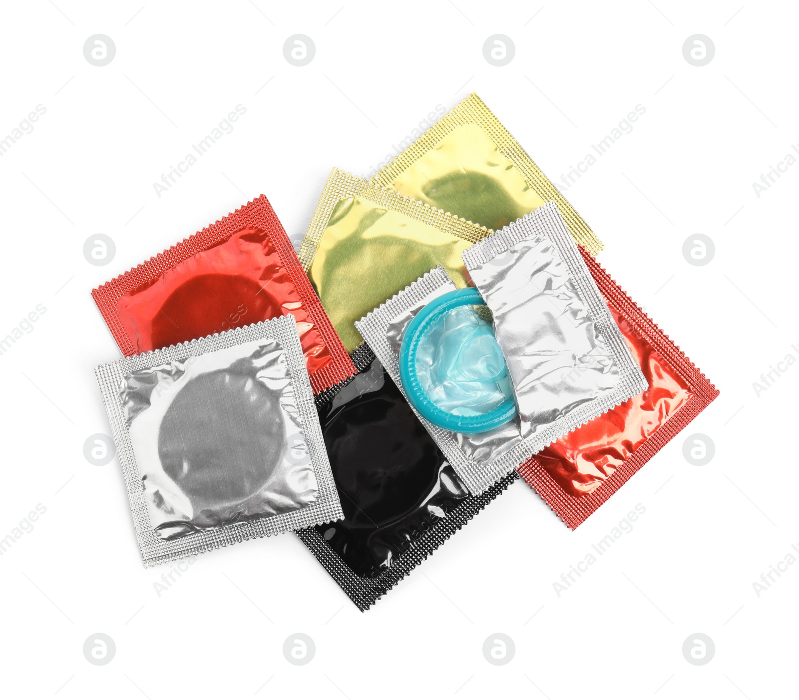 Photo of Condom packages on white background, top view. Safe sex