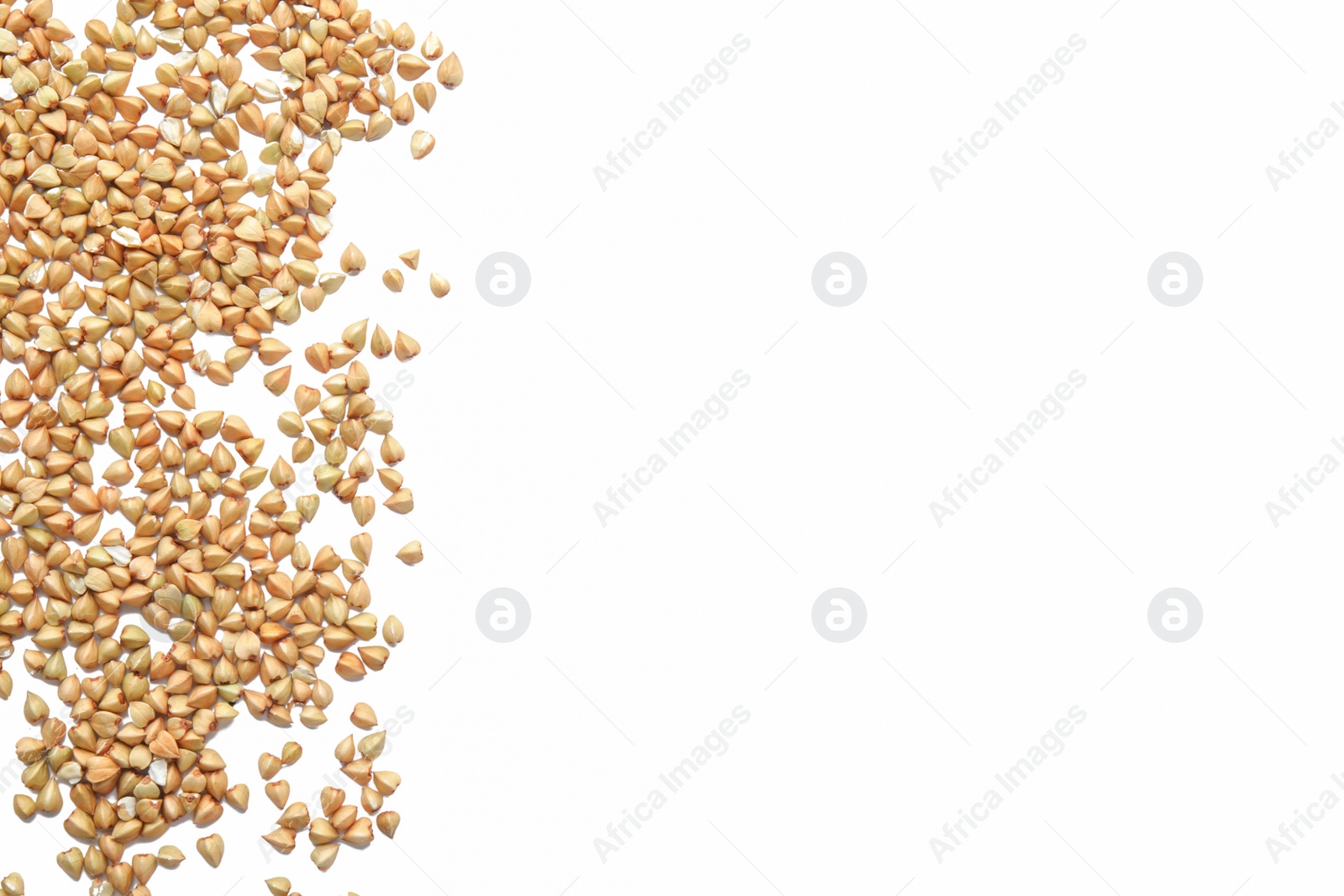 Photo of Green buckwheat on white background, top view