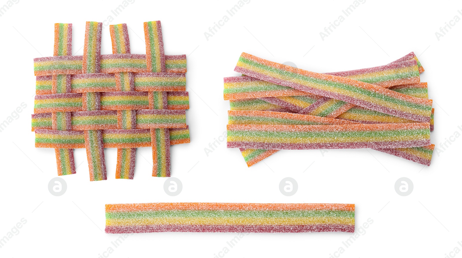 Image of Set of different jelly candies on white background. Banner design