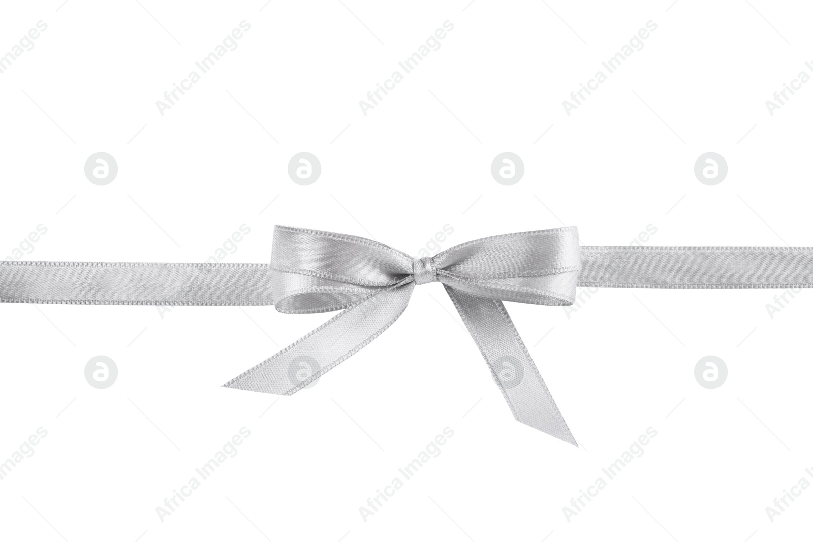 Photo of Silver satin ribbon with bow on white background, top view