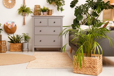 Living room interior with stylish furniture and green plants