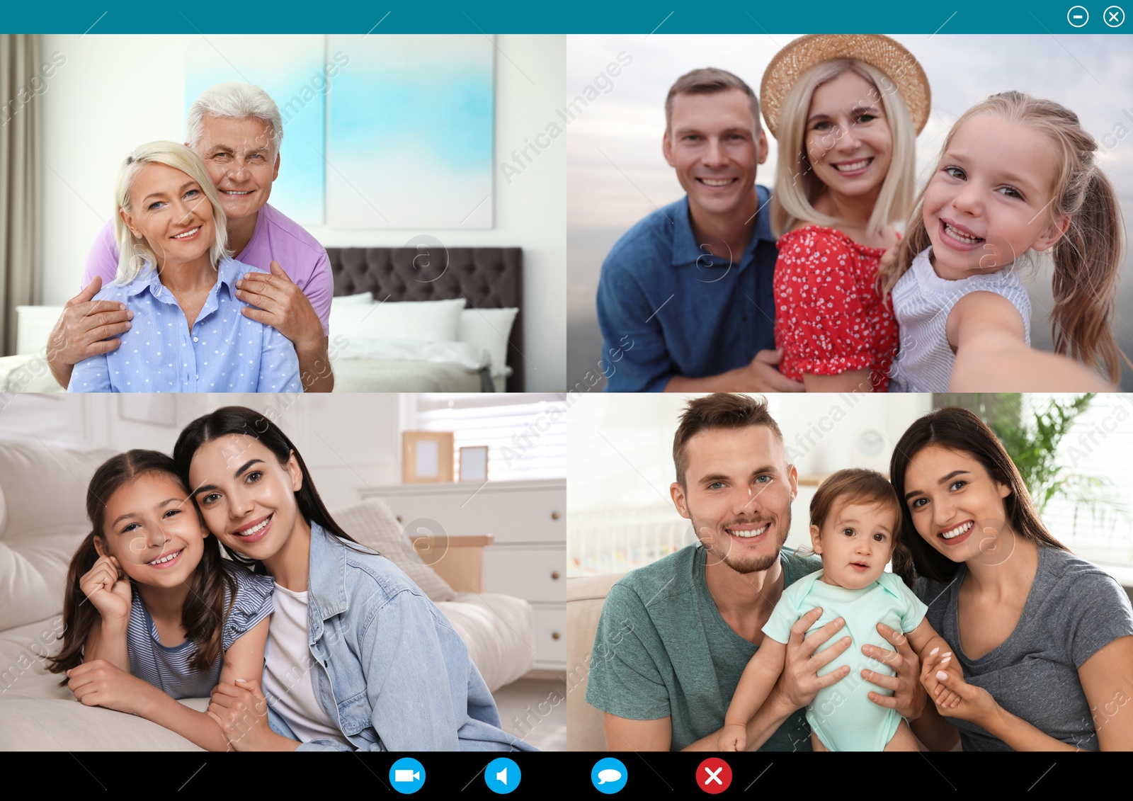 Image of Happy family members having online meeting via videocall application