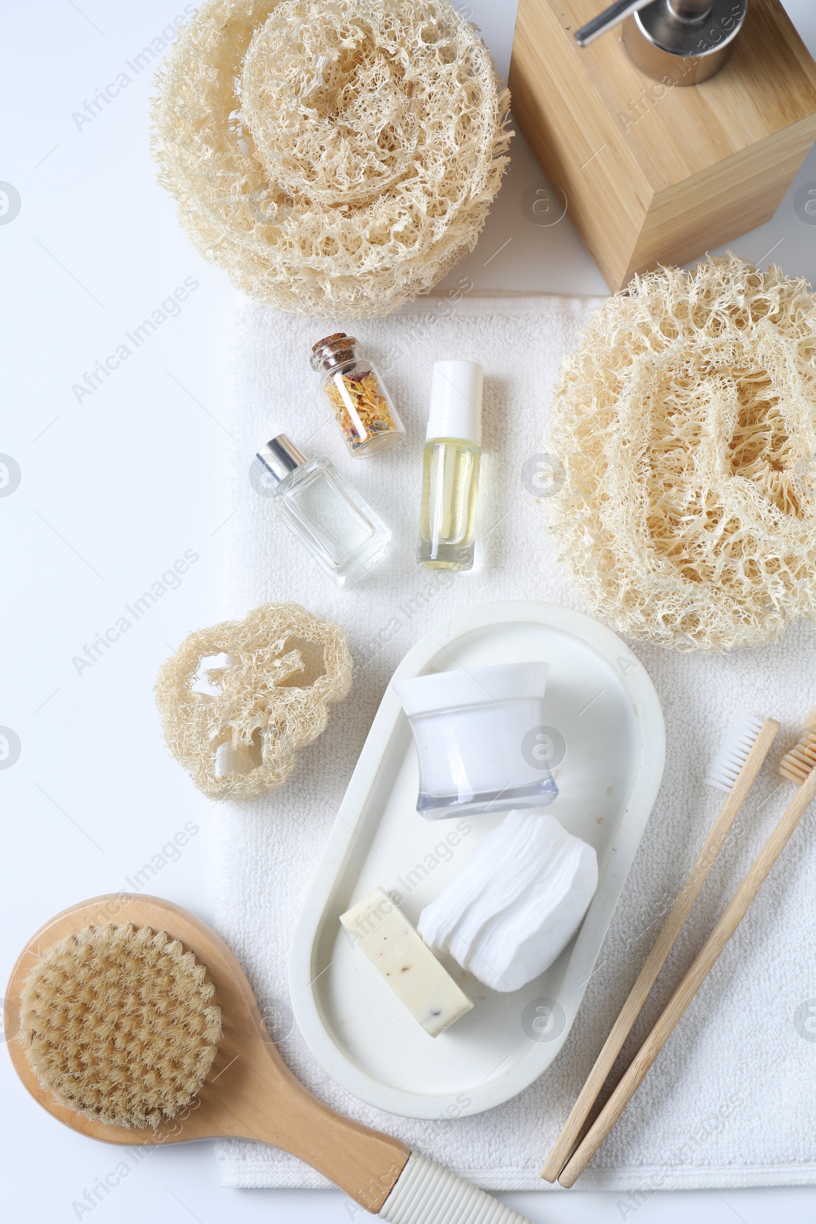 Photo of Bath accessories. Flat lay composition with personal care products on white background