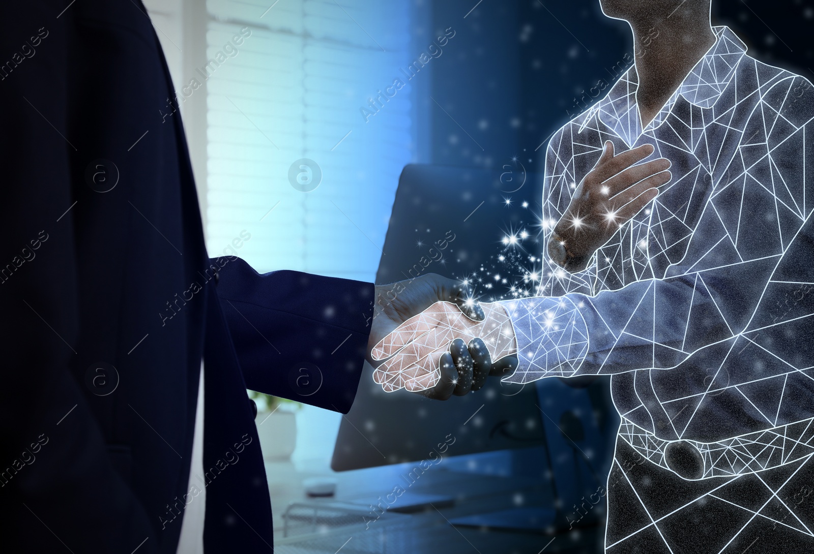 Image of Businessman shaking hands with virtual partner in office, closeup