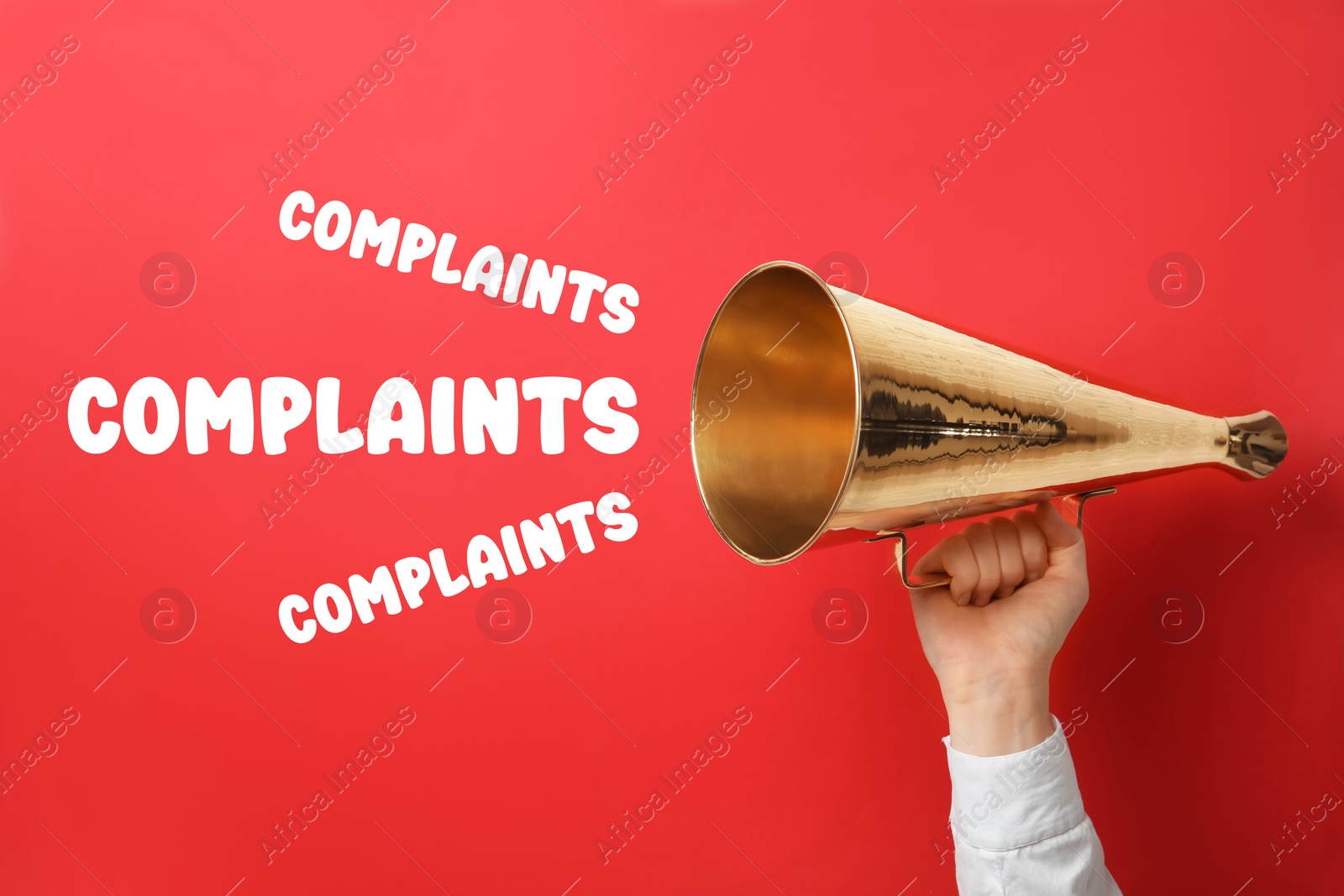 Image of Man holding retro megaphone on red background, closeup. Words Complaints coming out from device