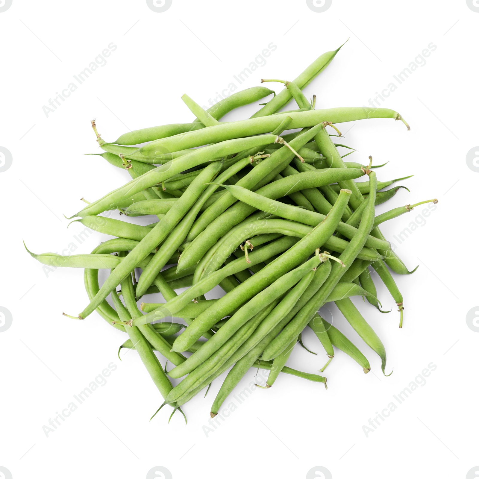 Photo of Fresh green beans on white background, top view