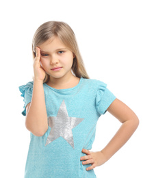 Emotional little girl wearing casual outfit on white background