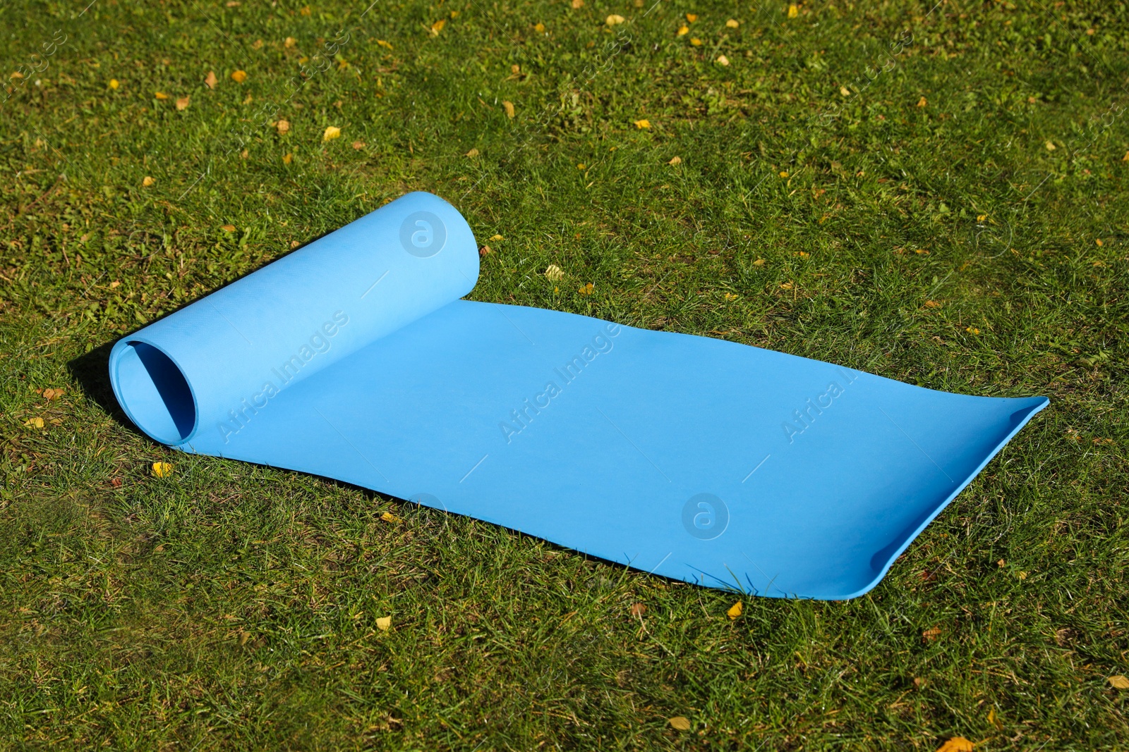 Photo of Blue karemat or fitness mat on fresh green grass outdoors