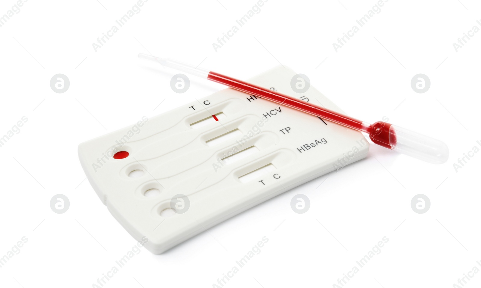 Photo of Disposable express hepatitis test kit on white background